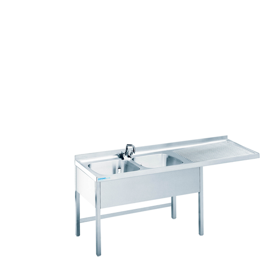 Dishwashing centre with 2 basins on the left and intermediate shelf, 1800 × 600 × 850/900 mm