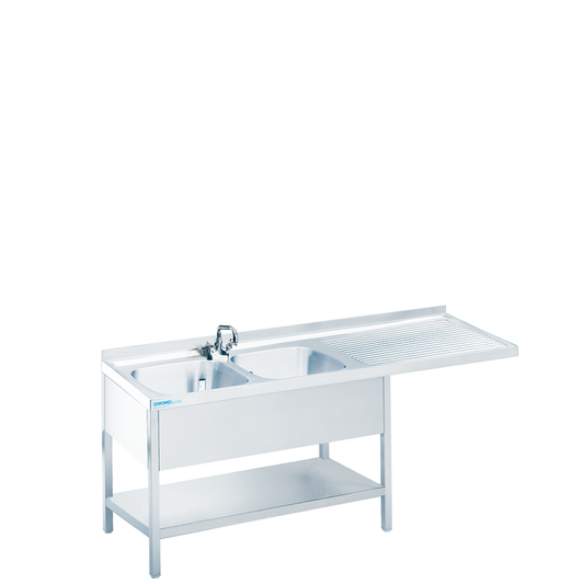 Dishwashing center with 2 basins on the left and intermediate shelf, 1900 × 700 × 850/900 mm