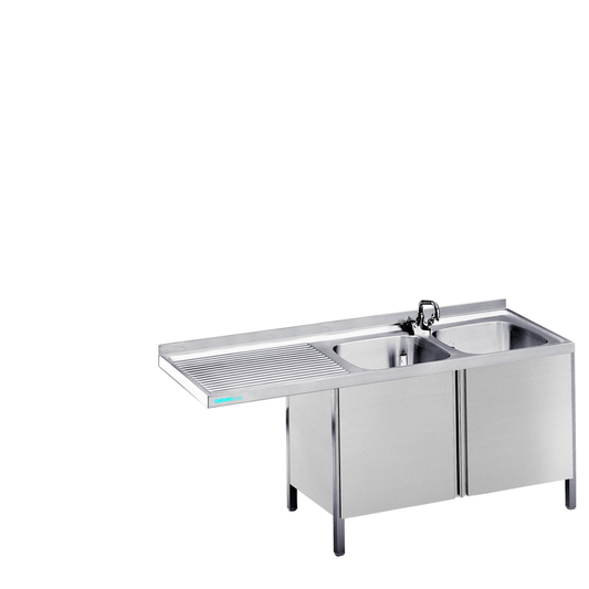 Dishwashing centre with 2 basins on the right and swing doors, 1800 × 600 × 850/900 mm