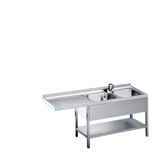 Dishwashing centre with 2 basins right and intermediate shelf, 1900 × 700 × 850/900 mm