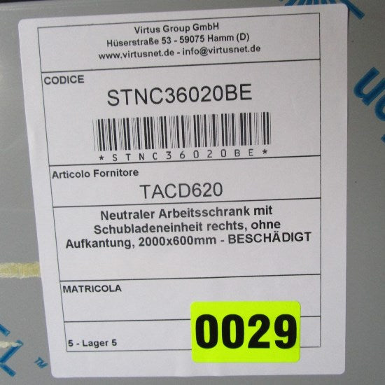 Neutraler Arbeitsschrank mit Schubladeneinheit rechts, ohne Aufkantung, 2000x600mm - BESCHÄDIGT — Virtus STNC36020BE (Ansicht 2)
