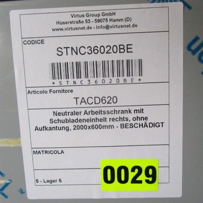 Neutraler Arbeitsschrank mit Schubladeneinheit rechts, ohne Aufkantung, 2000x600mm - BESCHÄDIGT — Virtus STNC36020BE (Ansicht 2)