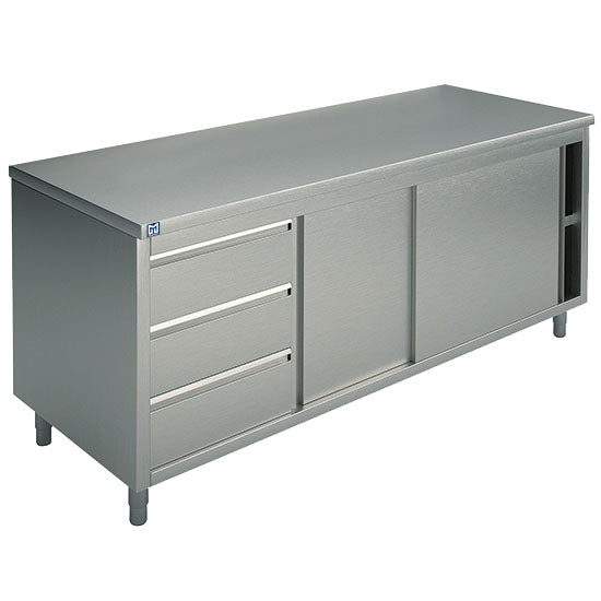 Neutraler Arbeitsschrank mit eingebauter Schubladeneinheit links, mit Schiebetüren, ohne Aufkantung, 1500x700 mm — Virtus STNC3S70151