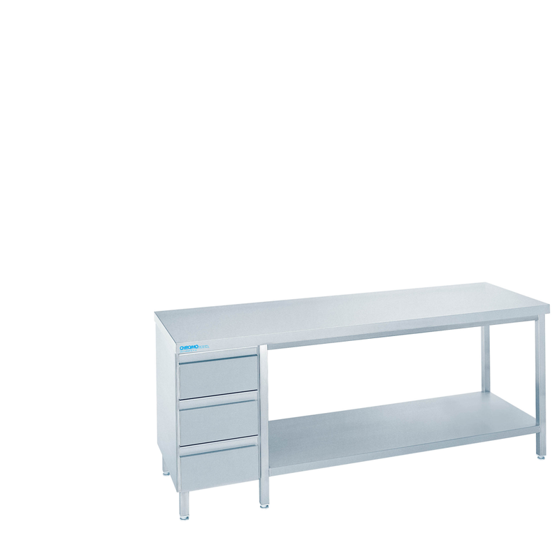 Arbeitsschrank mit Zwischenboden und Schubladenblock links, mit Tischplatte allseits ab, 2000 × 700 × 850/900 mm