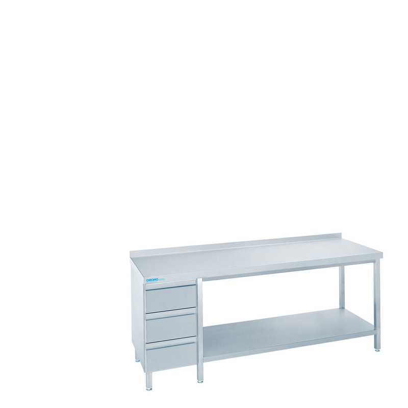 Arbeitstisch mit Zwischenboden und Schubladenblock links, mit Tischplatte hinten auf, 1400 × 700 × 850/900 mm