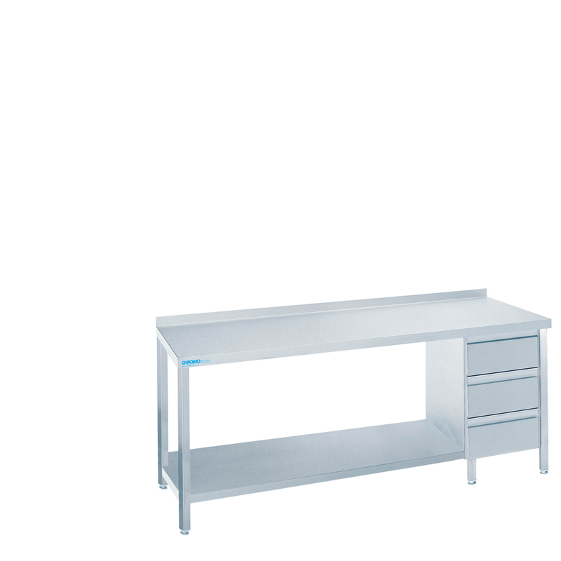 Arbeitstisch mit Zwischenboden und Schubaldenblock rechts, mit Tischplatte hinten auf, 2200 × 600 × 850/900 mm