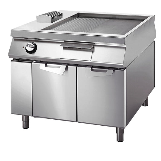 Elektro-Grillplatte verchromt ½ glatt ½ gerillt auf Unterbau mit Türen, Bedienung beidseitig — Virtus VS110100FTREC