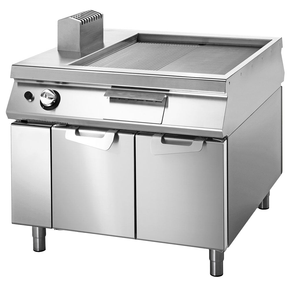 Gas-Grillplatte ½ glatt ½ gerillt auf Unterbau mit Türen, Bedienung beidseitig — Virtus VS110100FTRG
