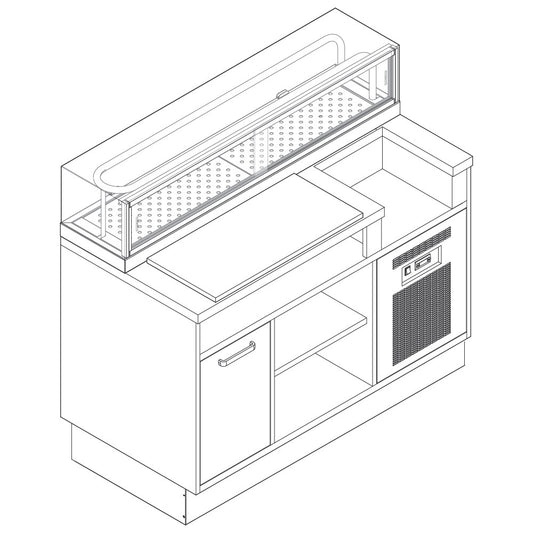 Sushi-Station 1200 mm mit neutralem Unterbau und Abfalleimer inklusive Sushivitrine — Virtus VSSS120