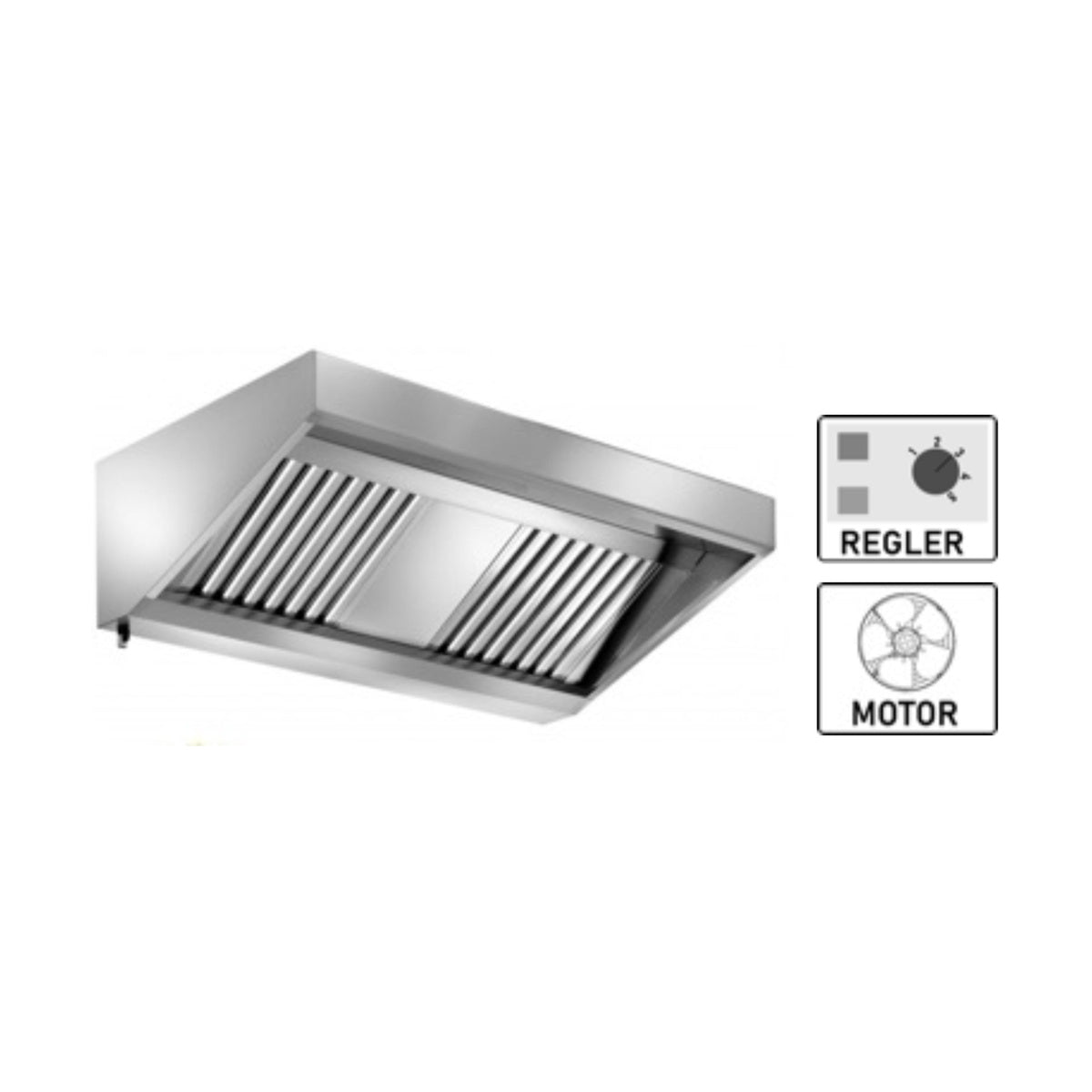 Wandhaube Edelstahl inklusive eingebautem Ventilator (230 V) mit externem Regler, umlaufende Fettauffangrinne,  herausnehmbare Flammschutzfilter Typ-B, Beleuchtung mit Leuchtstoffröhre, Fettablassventil | A&S WMR240/70