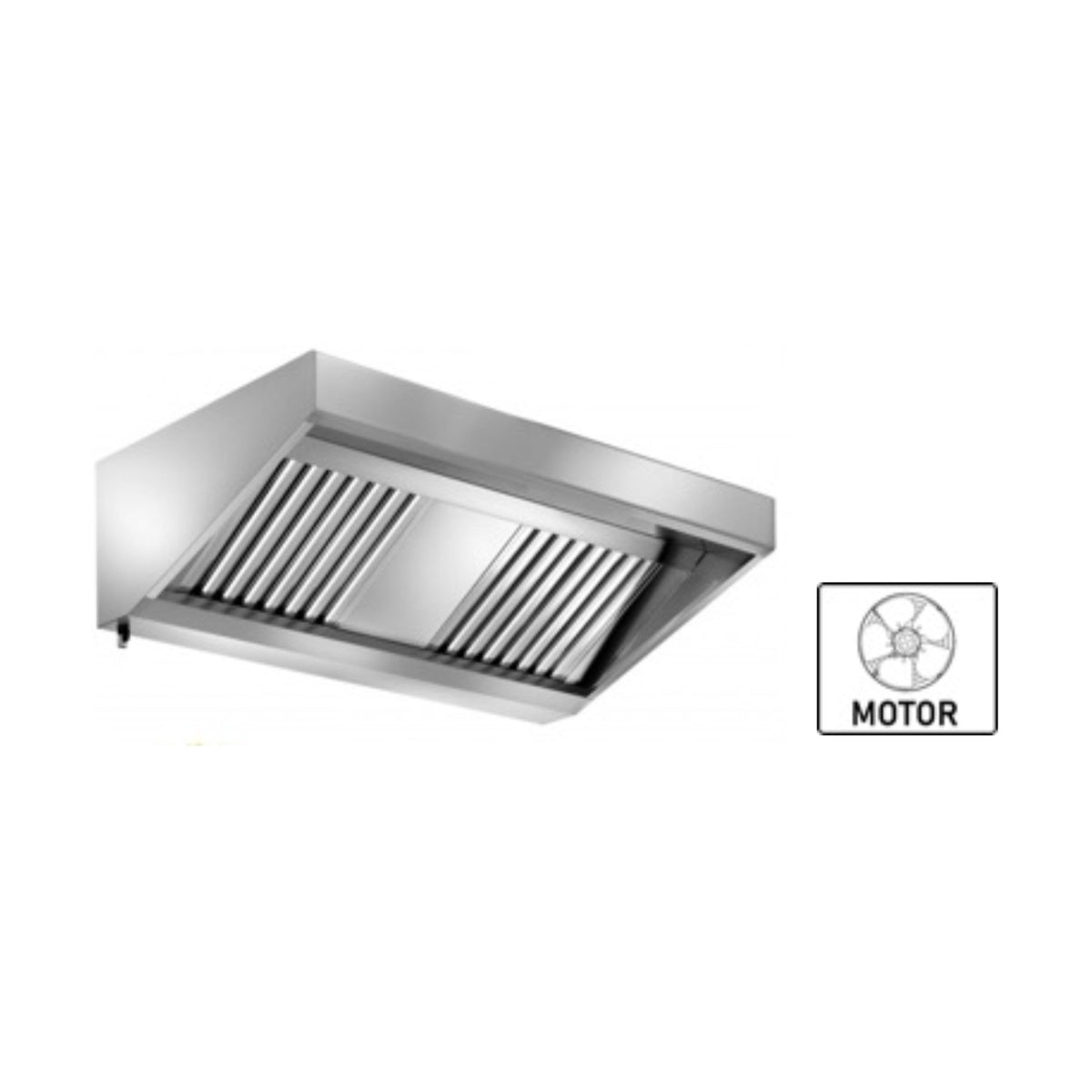 Wandhaube Edelstahl inklusive eingebautem Ventilator (230 V), umlaufende Fettauffangrinne,  herausnehmbare Flammschutzfilter Typ-B, Beleuchtung mit Leuchtstoffröhre, Fettablassventil | A&S WM120/90