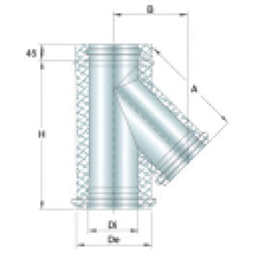 Stainless steel T-connector 45°, double-wall, ø 180 mm internal — Virtus Z/KI2T4180