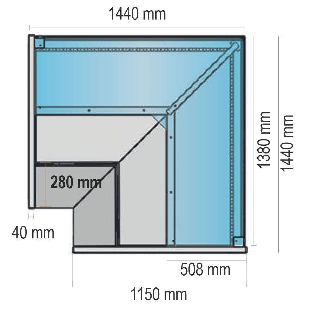 Fleischkühltheke-Eckmodul offen mit gerader Frontverglasung, Umluft Kühlung, +2°/+5°C — Virtus Z/TM10AAA9