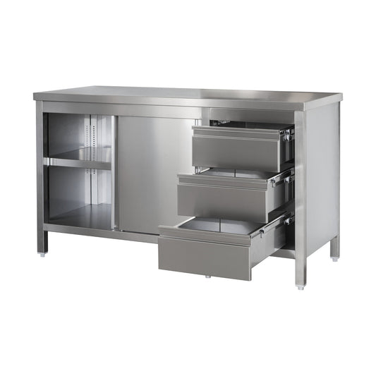 Stainless steel work cabinet with drawer unit on the right. Doors and height-adjustable intermediate shelf | A&S ARSSBR108