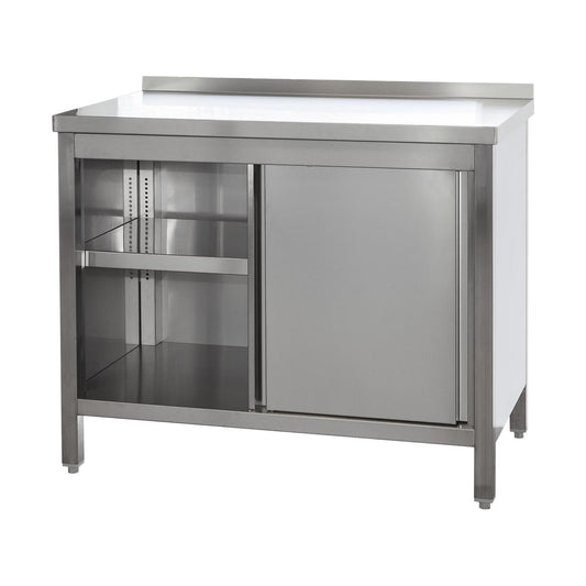 Stainless steel work cabinet with upstand, doors and height-adjustable shelf | A&S ARSTA168
