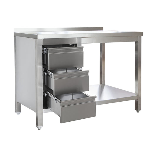 Stainless steel work table with backsplash and welded drawer block left, depth 600 mm | A&S ARTGASL256