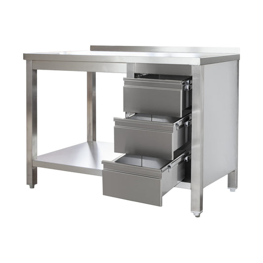 Stainless steel work table with upstand and welded drawer unit on the right, depth 600 mm | A&S ARTGASR126