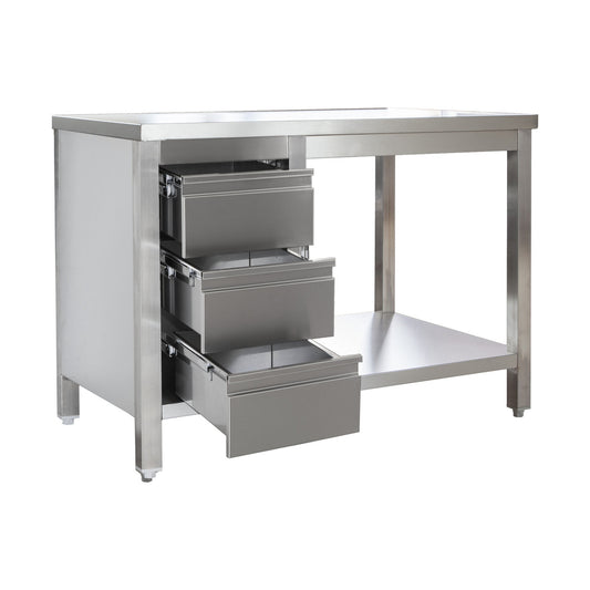 Stainless steel work table with drawer block welded on the left, depth 800 mm, with base shelf | A&S ARTGSL098