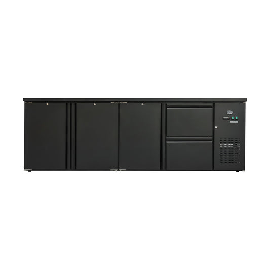 Bottle refrigerated counter 600 litres, black, 3 doors + 2 drawers, 2545 × 520 × 840 mm | A&S BKT420