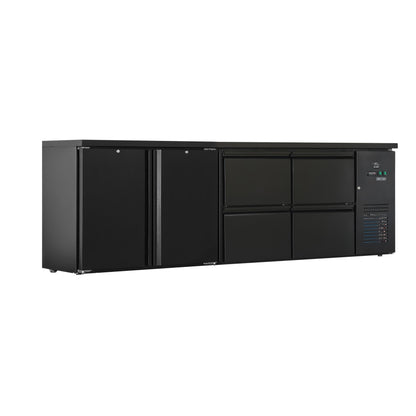 Flaschenkühltisch 600 Liter, Schwarz, 2 Türen + 4 Schubladen, 2545 × 520 × 840 mm | A&S BKT440