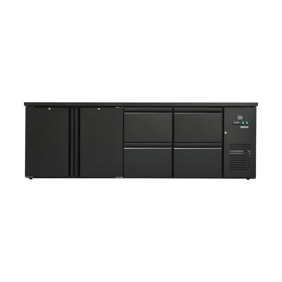 Flaschenkühltisch 600 Liter, Schwarz, 2 Türen + 4 Schubladen, 2545 × 520 × 840 mm | A&S BKT440