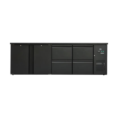 Flaschenkühltisch 600 Liter, Schwarz, 2 Türen + 4 Schubladen, 2545 × 520 × 840 mm | A&S BKT440