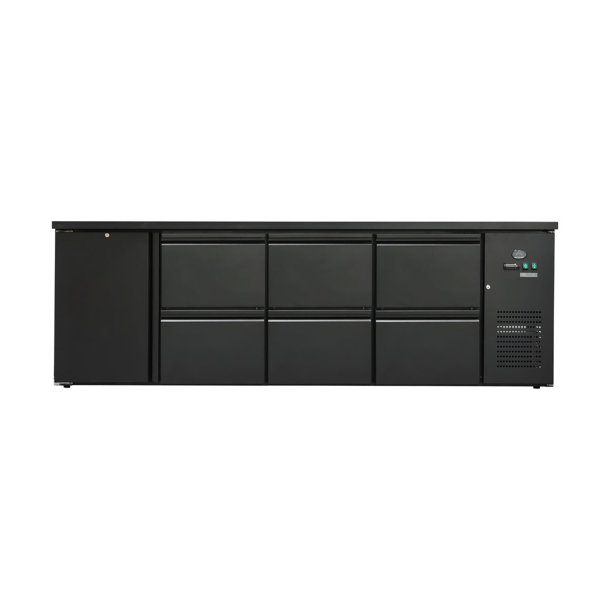 Flaschenkühltisch 600 Liter, Schwarz, 1 Tür + 6 Schubladen, 2545 × 520 × 840 mm | A&S BKT460