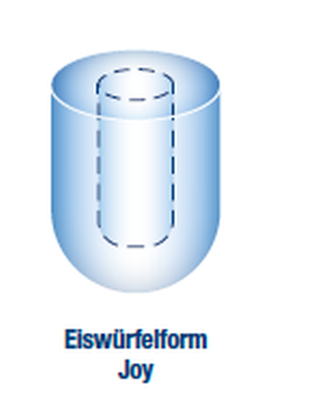 KBS Eiswürfelform Joy: Zylindrische Eisform mit Hohlraum, ideal für sanft schmelzende Eiswürfel in Longdrinks. Technische Illustration in blauer Darstellung.