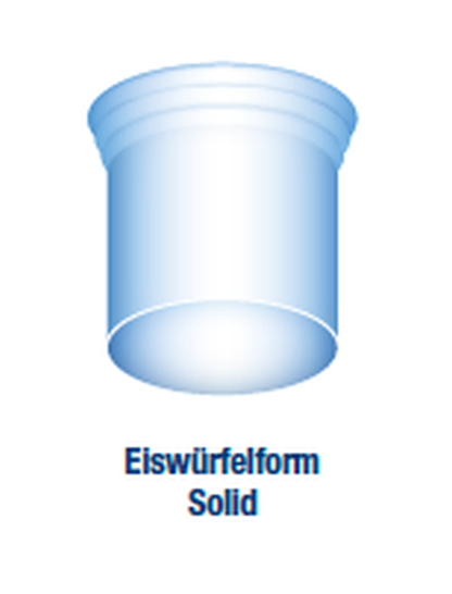 KBS Eiswürfelform Solid: Massiver, zylindrischer Eiswürfel ohne Hohlraum für besonders langanhaltende Kühlung. Darstellung als blaue Grafik.