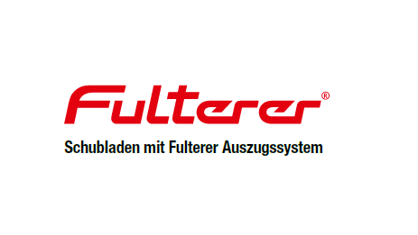 KBS Schubladensystem mit Fulterer Vollauszug. Firmenlogo in roter Schrift mit Zusatztext &bdquo;Schubladen mit Fulterer Auszugssystem&ldquo;. Geeignet für professionelle Küchenmöbel.
