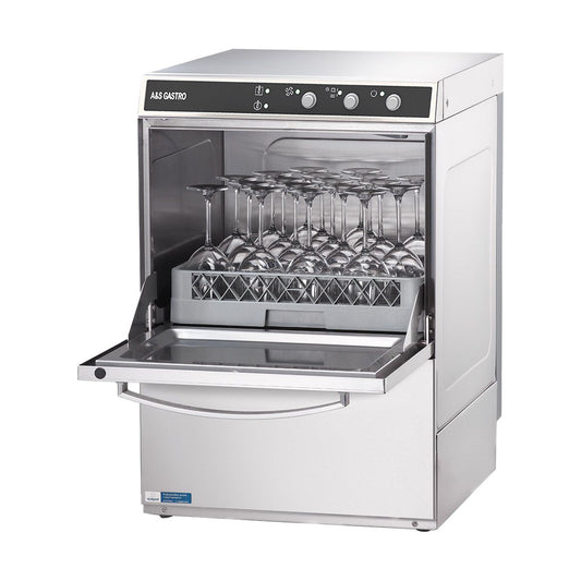 Universal glasswasher including rinse aid and detergent dosing pumps and drain pump | A&S GLSP203