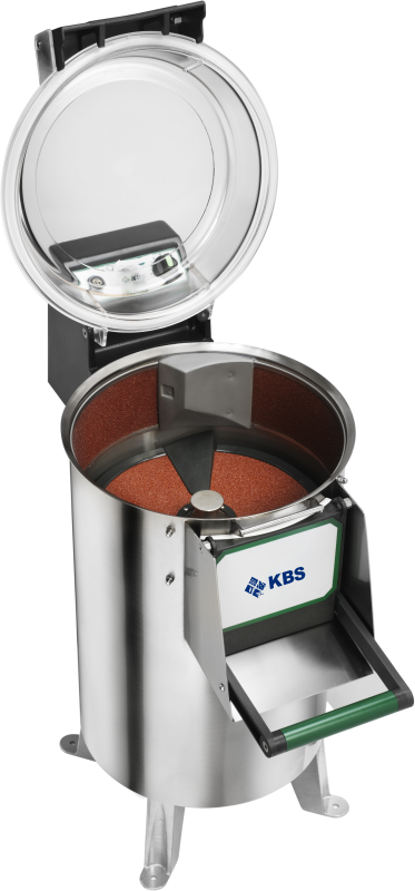 KBS Kartoffelschälmaschine in Edelstahl mit geöffnetem Deckel. Innenliegendes Schleifsystem sichtbar, ideal für Großküchen und Gemeinschaftsverpflegung.
