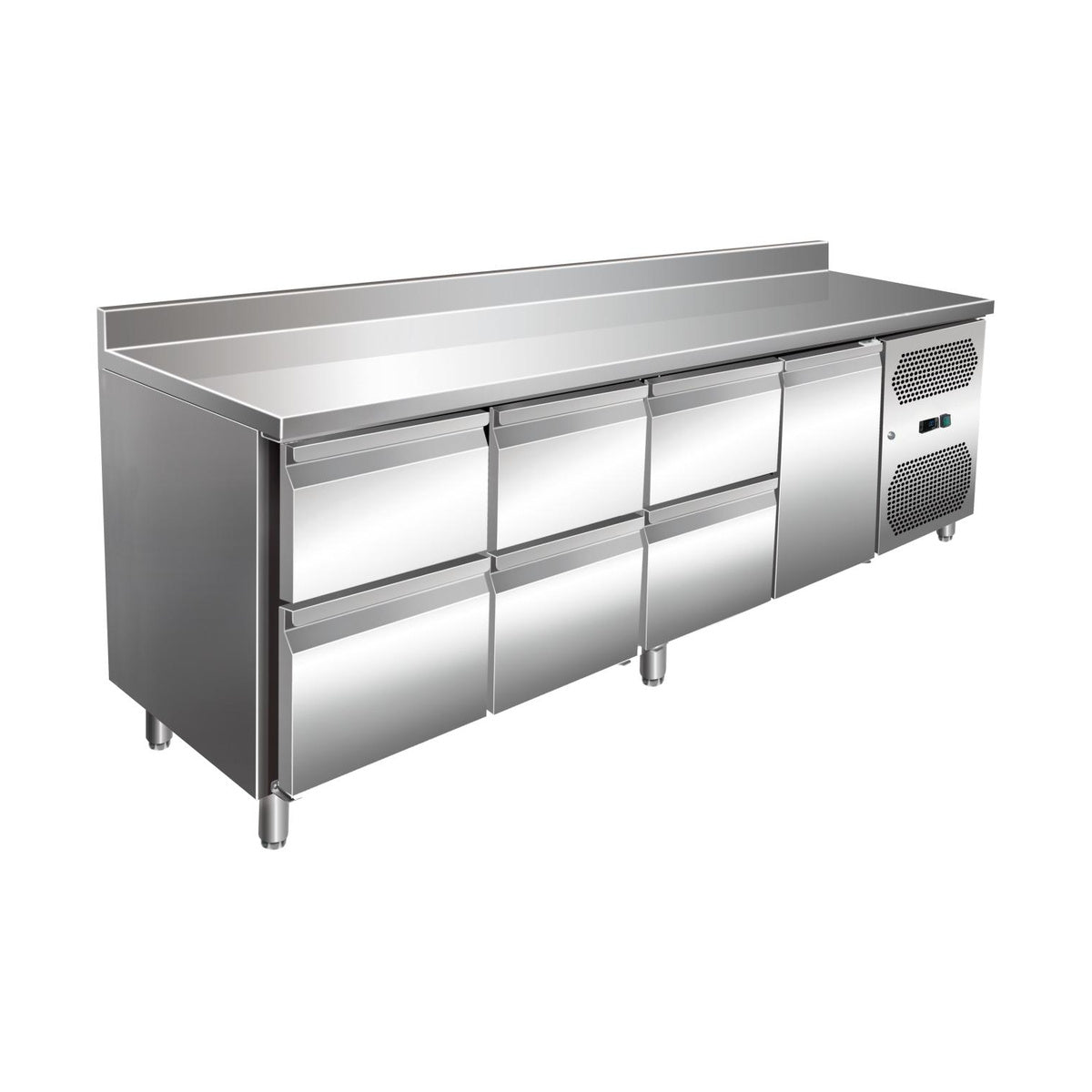 VIP Kühltisch mit 3 × 2 Schubladen und 1 Tür und Aufkantung -2 bis +8°C 2.230 × 600 × 960 mm | A&S KT-VIP-600-4-C6A