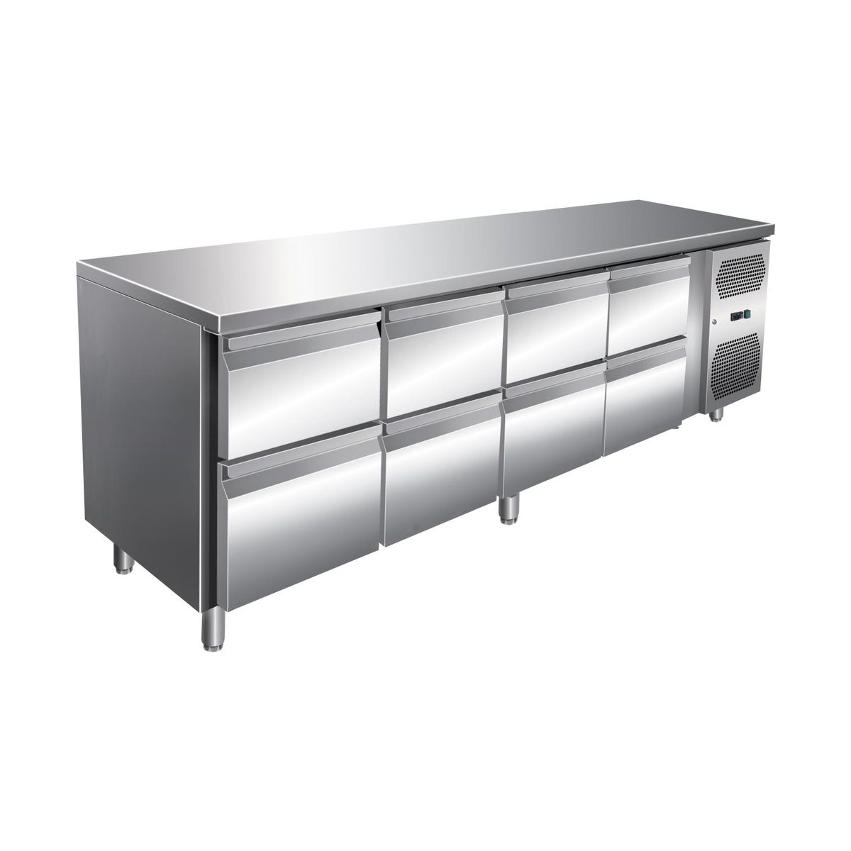 VIP Kühltisch mit 4 × 2 Schubladen -2 bis +8°C 2.230 × 600 × 860 mm | A&S KT-VIP-600-4-C8