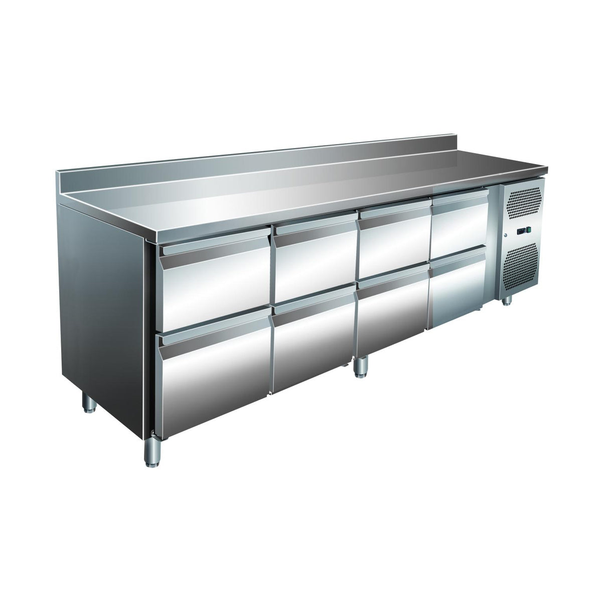VIP Kühltisch mit 4 × 2 Schubladen und Aufkantung -2 bis +8°C 2.230 × 700 × 960 mm | A&S KT4C8A-VIP