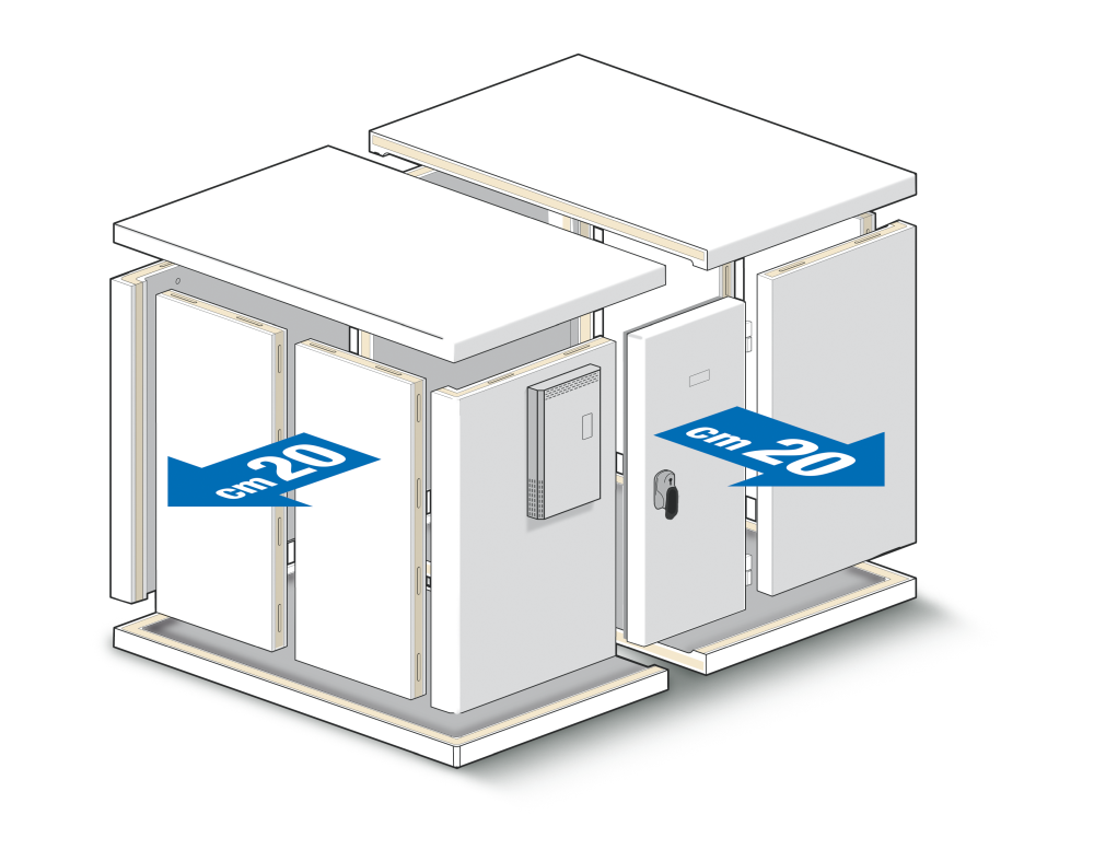 KBS Kühlzellen-Erweiterung mit zwei Modulen und Verbindungsmaß von 20 cm. Darstellung der modularen Bauweise zur Erweiterung von Kühl- und Tiefkühlzellen.