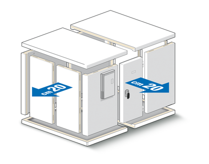 KBS Kühlzellen-Erweiterung mit zwei Modulen und Verbindungsmaß von 20 cm. Darstellung der modularen Bauweise zur Erweiterung von Kühl- und Tiefkühlzellen.