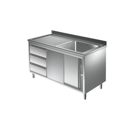 Spülschrank mit Schubladenblock, 1 Becken rechts, Bautiefe 700 mm, 1600x700x850 mm | A&S SPSCH1671BR-S