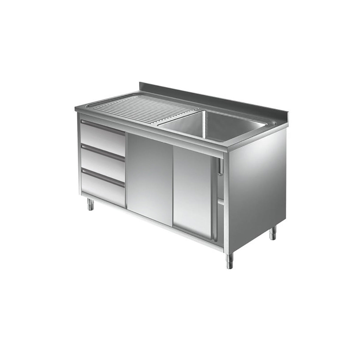 Spülschrank mit Schubladenblock, 1 Becken rechts, Bautiefe 600 mm, 1400x600x850 mm | A&S SPSCH1461BR-S