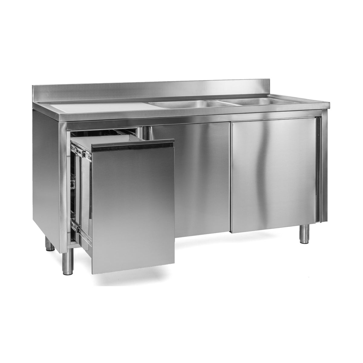 Spülschrank mit Abfallbehälter, 2 Becken links, Bautiefe 600 mm, 1400x600x850 mm | A&S SPSCH1462BR-A
