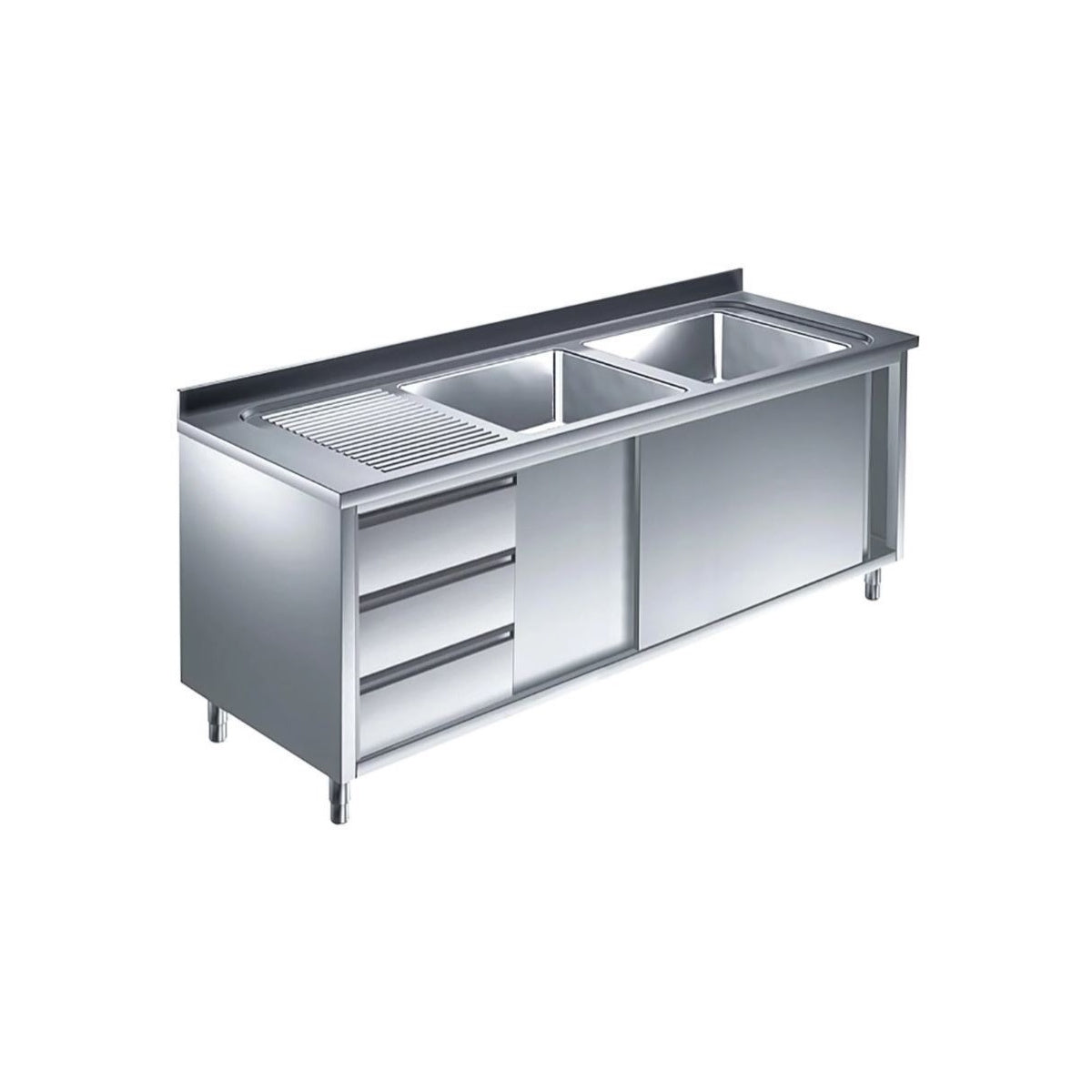 Spülschrank mit Schubladenblock, 2 Becken rechts, Bautiefe 700 mm, 2000x700x850 mm | A&S SPSCH2072BR-S