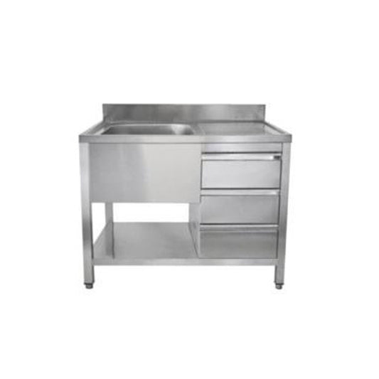 Spültisch mit Schubladenblock, 1 Becken links, Bautiefe 600 mm, 1000 × 600 × 850 mm | A&S SPT1061BL-S
