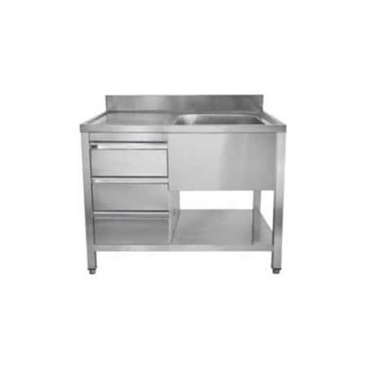 Spültisch mit Schubladenblock, 1 Becken rechts, Bautiefe 600 mm, 1000 × 600 × 850 mm | A&S SPT1061BR-S