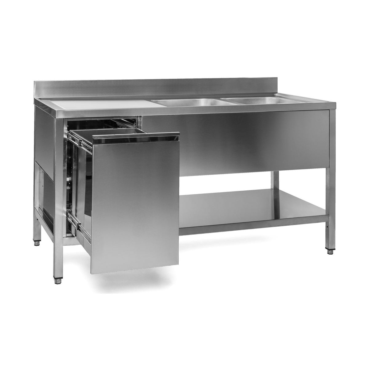 Spültisch mit Abfallbehälter, 2 Becken rechts, Bautiefe 700 mm, 1400 × 700 × 850 mm | A&S SPT1472BR-A