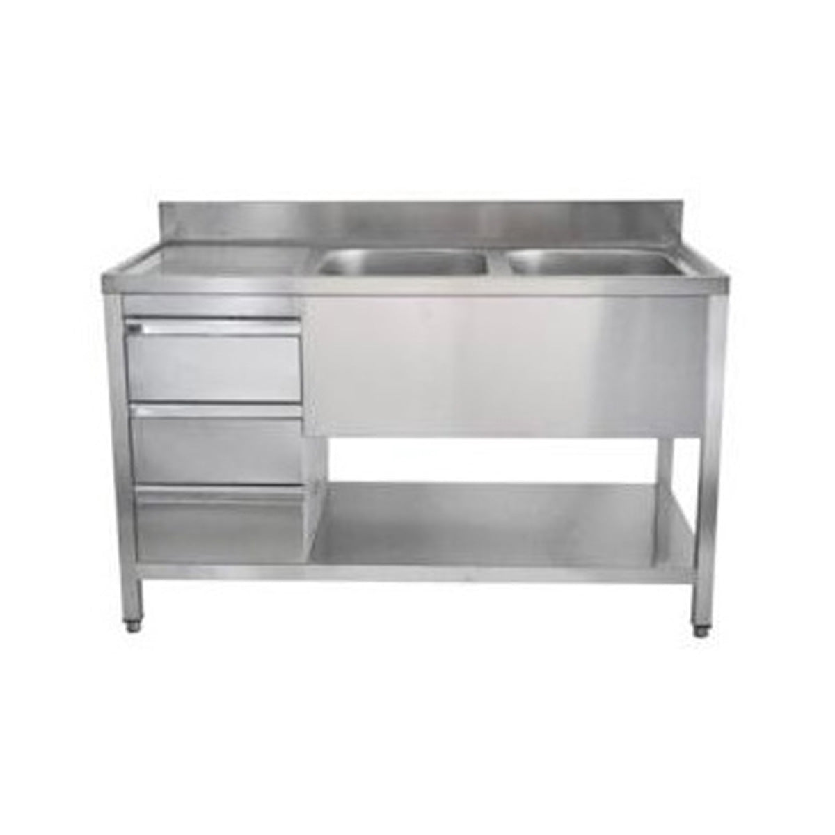 Spültisch mit Schubladenblock, 2 Becken rechts, Bautiefe 600 mm, 1400 × 600 × 850 mm | A&S SPT1462BR-S