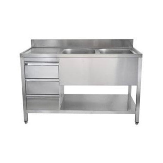 Spültisch mit Schubladenblock, 2 Becken rechts, Bautiefe 600 mm, 1400 × 600 × 850 mm | A&S SPT1462BR-S